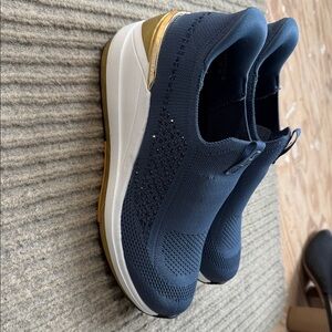 Skechers Navy Blue Slip-On Athletic Sneakers with Gold Accent